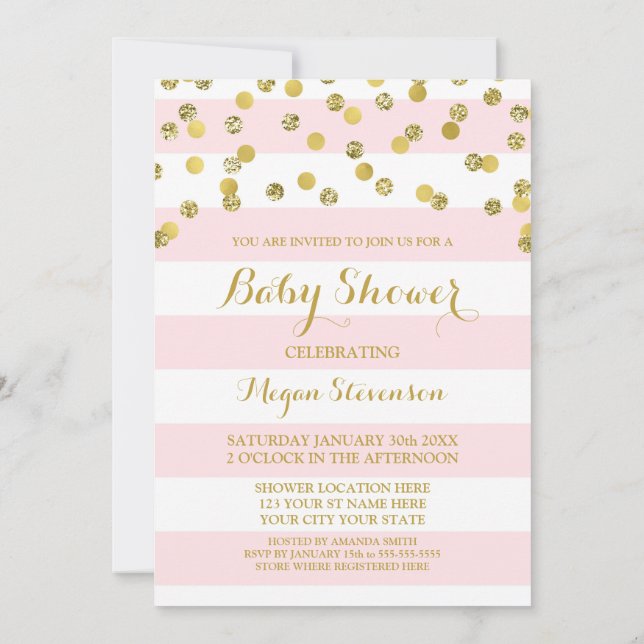 Rosa Rand Guld confetti Baby Shower-inbjudan Inbjudningar (Baksida)
