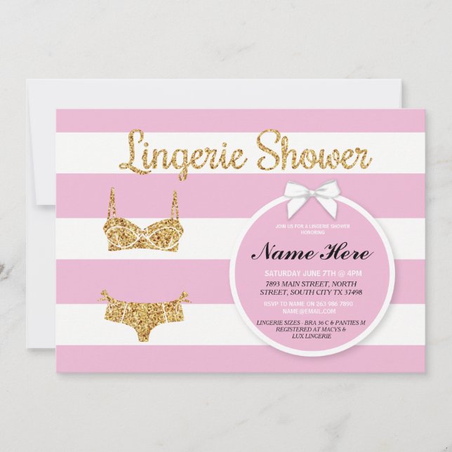 Rosa Rand & Guld Lingerie Shower Möhippa Inbjudan (Framsida)