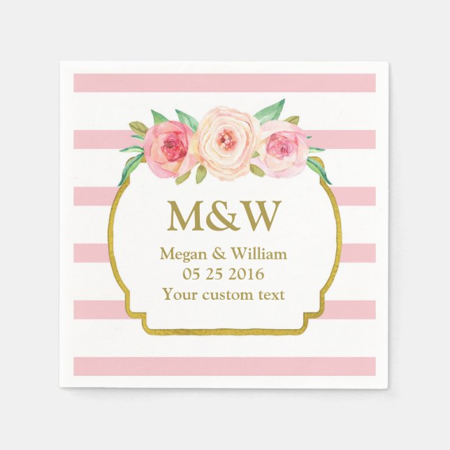 Rosa Rand Guld Rosa Blommigt Bröllop Napkins Pappersservett (Framsidan)