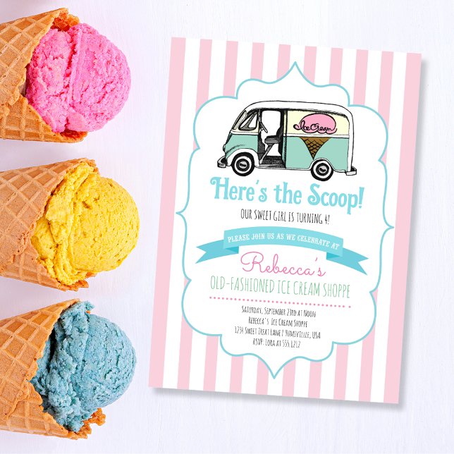 Rosa Rand Här är Scoop Ice Cream Birthday Inbjudningar (Skapare uppladdad)