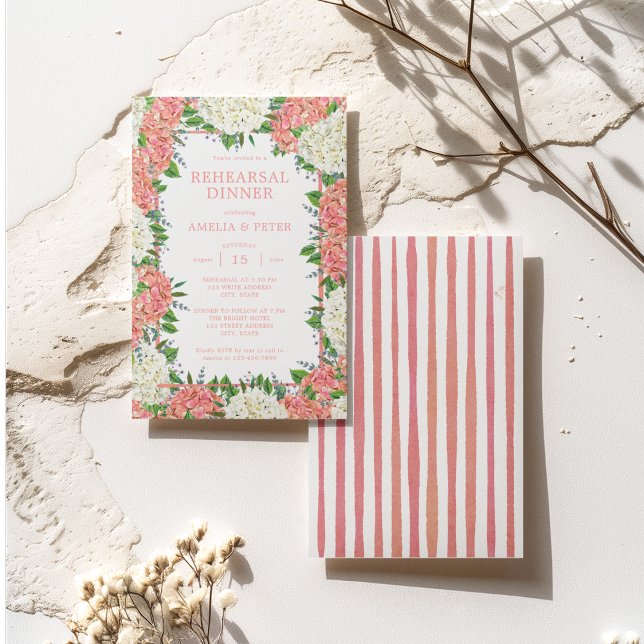 Rosa Rand Hydrangeas Bröllop Rehearsal Dinner Inbjudningar (Front / Back)