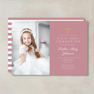 Rosa Rand Kor Girl First Communion Photo Inbjudningar