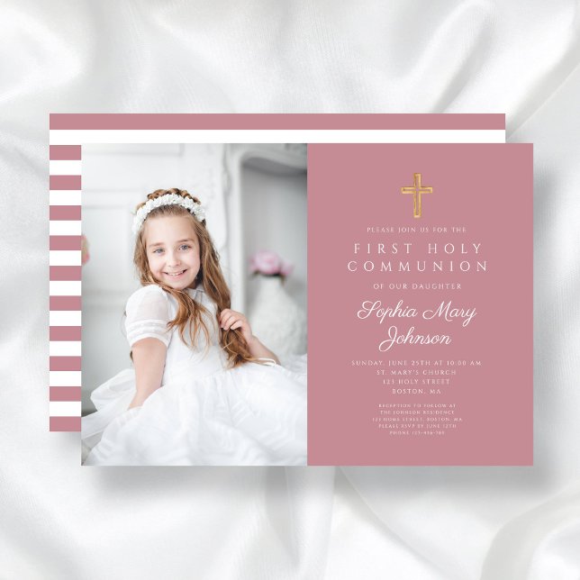 Rosa Rand Kor Girl First Communion Photo Inbjudningar (Pink Stripes Cross Girl First Communion Photo Invitation)