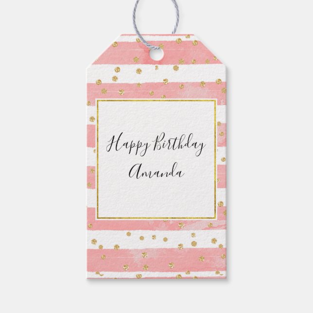 Rosa  Rand med Faux Guld Confetti Presentetikett (Framsidan)
