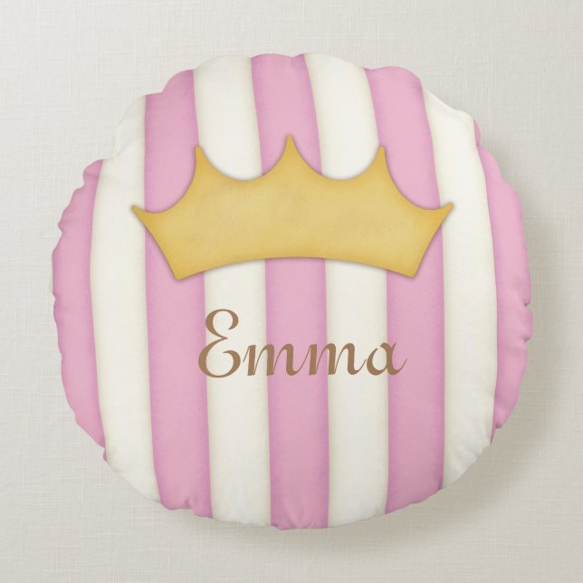 Rosa Rand Namn Personlig  Crowned Princess Rund Kudde (Framsidan)