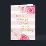 Rosa Rand och blommor Friend Birthday Card Kort<br><div class="desc">Födelsedagskort för vänner med rosa vattenfärgblommor,   rosa rand,  guld och tankfull vers.</div>