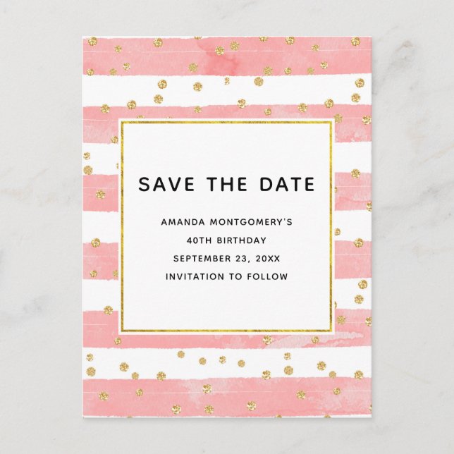 Rosa  Rand och Guld-konfetti Spara datum Inbjudan Vykort (Framsida)