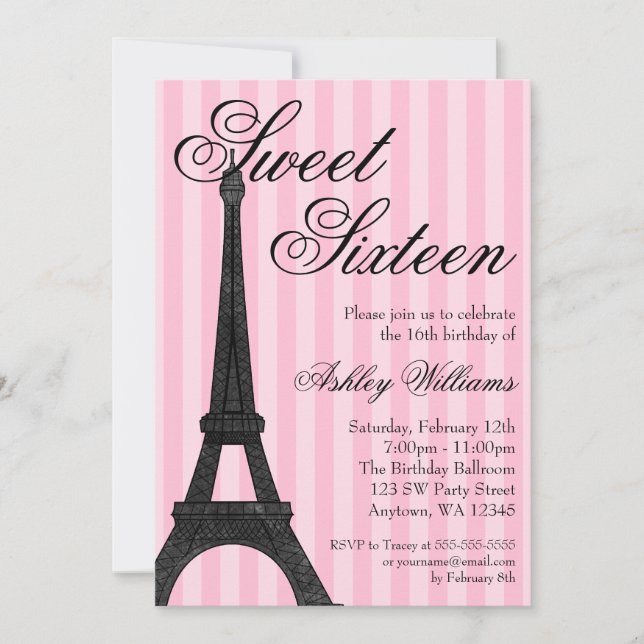 Rosa Rand Paris Theckes Sweet 16 Birthday Inbjudningar (Framsida)