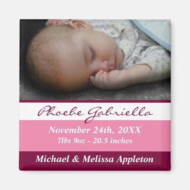 Rosa Rand Photo Birth Announcement Magnet (Framsidan)