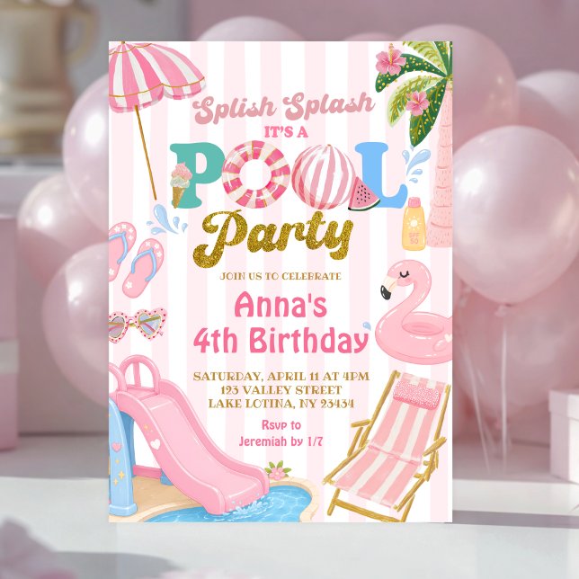 Rosa rand  Poolparty flicka födelsedag Inbjudningar (Skapare uppladdad)