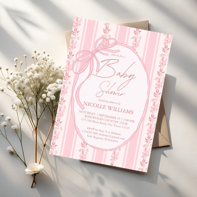 Rosa rand retro båge gräns elegant babydusch för b inbjudningar (Grand millennial Pink stripes retro bow border elegant baby shower invitation cards template)