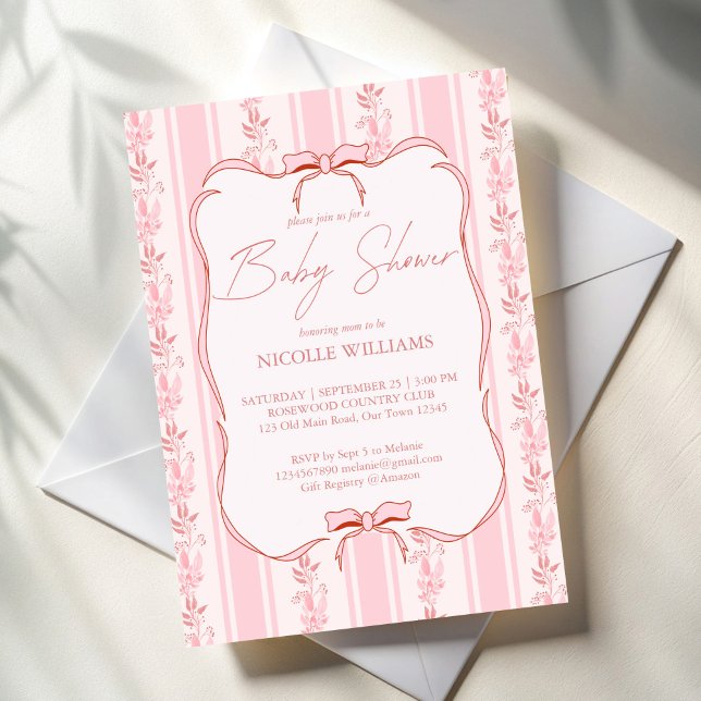 Rosa rand retro båge gräns elegant babydusch för b inbjudningar (Pink stripes retro bow border coquette elegant baby shower invitation cards template)