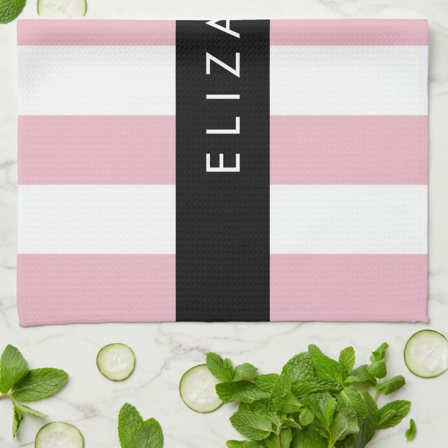 Rosa Rand, Stripe Mönster, Linjer, Ditt namn Kökshandduk (Vikta)