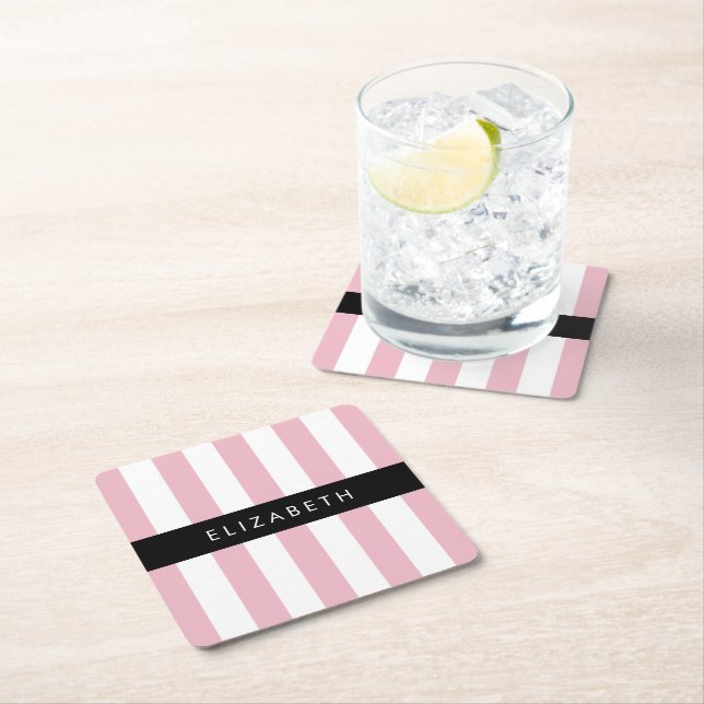 Rosa Rand, Stripe Mönster, Linjer, Ditt namn Underlägg Papper Kvadrat (Insitu)