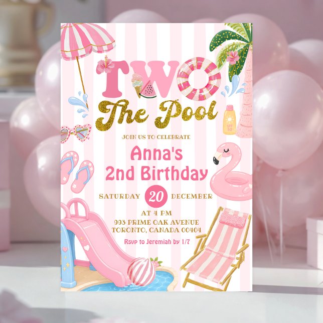 Rosa rand TVÅ TILL Pool fest flicka födelsedag  Inbjudningar (Skapare uppladdad)