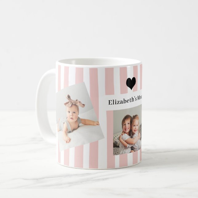 Rosa ränder, foton och hjärta | Till mamma Kaffemugg (Framsida vänster)