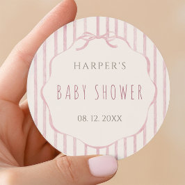 Rosa ränder med scalloped ram Baby Shower  Runt Klistermärke