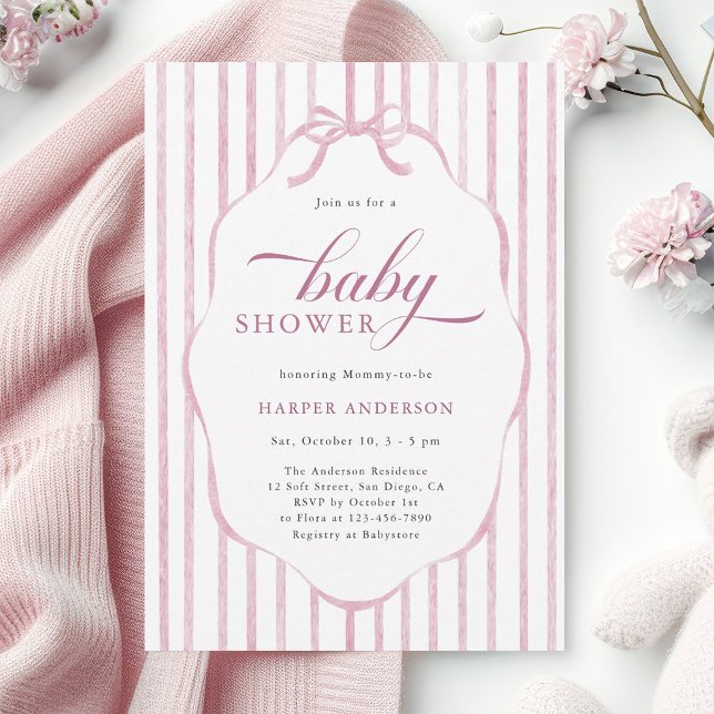 Rosa ränder med skulpterad ram Baby Shower  Inbjudningar (Skapare uppladdad)