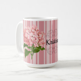 Rosa ränder och hortensia lägger till ett namn kaffemugg