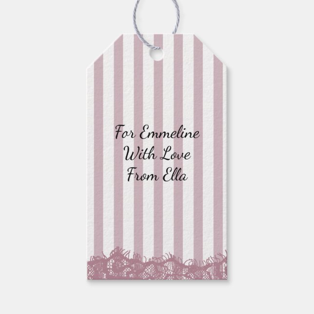 Rosa ränder och spets bröllopsfest presentetikett (Framsidan)