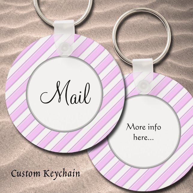 Rosa ränder på vit redigerbar framsida & baksida M Nyckelring (Pink and white stripes custom keychain)