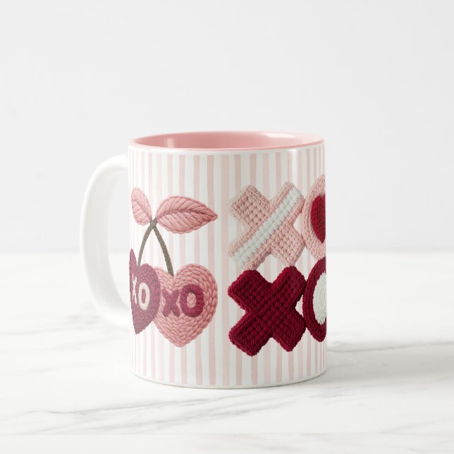 Rosa ränder XOXO Körsbär  Två-Tonad Mugg (Framsida vänster)