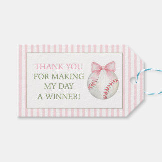 Rosa randig baseball tackkort för tacksamtgåva presentetikett