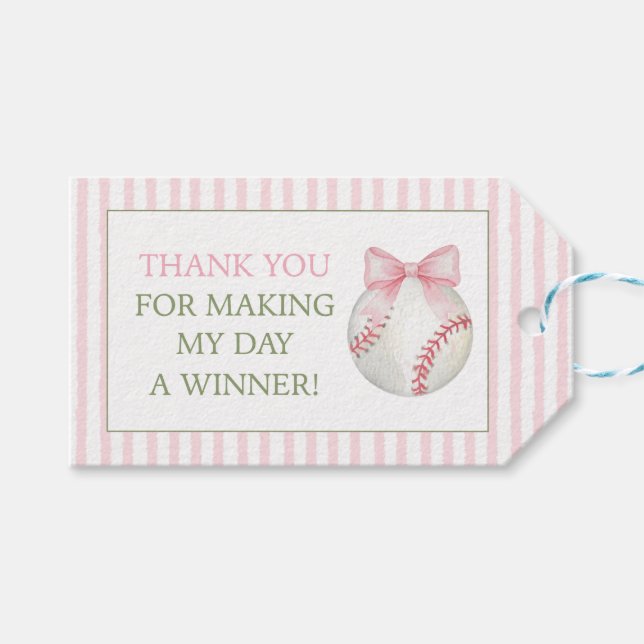 Rosa randig baseball tackkort för tacksamtgåva presentetikett (Framsidan (Horisontell))