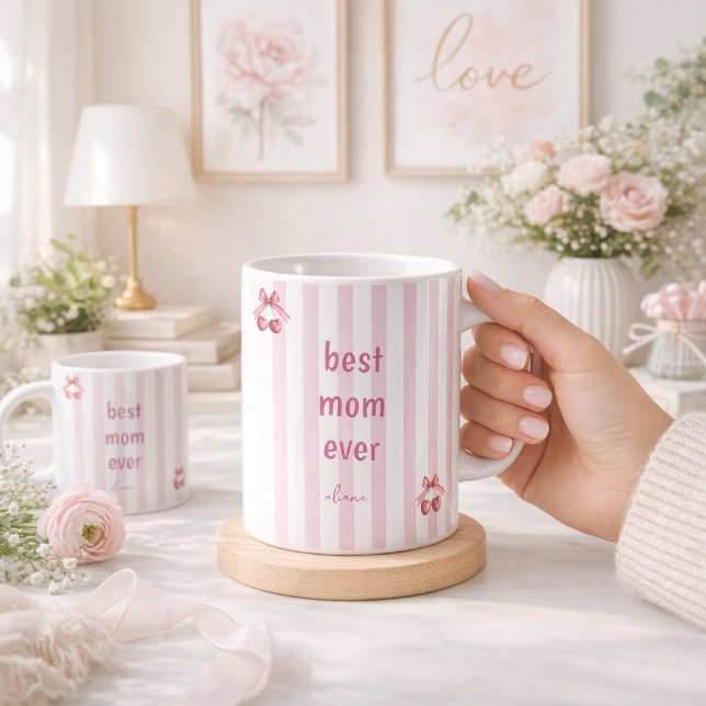 Rosa Randig Bästa Mamma Någonsin Mugg Söt Körsbärs (Skapare uppladdad)