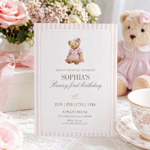 Rosa randig Beary Första Födelsedags Flicka Teddyb Inbjudningar
