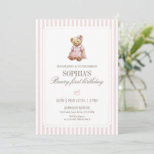 Rosa randig Beary Första Födelsedags Flicka Teddyb Inbjudningar