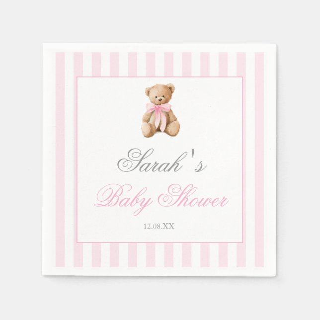 Rosa randig björn baby shower flicka pappersservett (Framsidan)