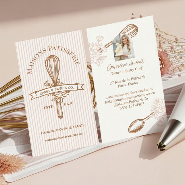 Rosa randig blommig visp bakverk konditori kock visitkort (Pink Stripe Floral Whisk Pastry Cakes Bakery Chef Business Card)