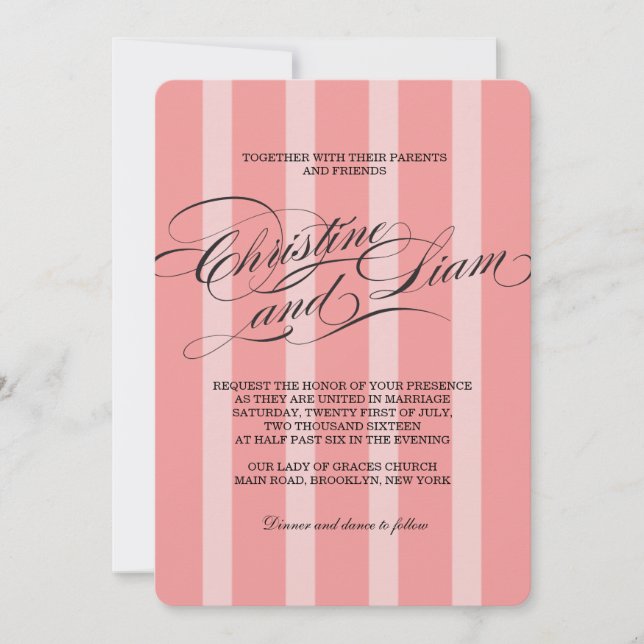 Rosa randig Flourish Script bröllopsinbjudan Inbjudningar (Framsida)