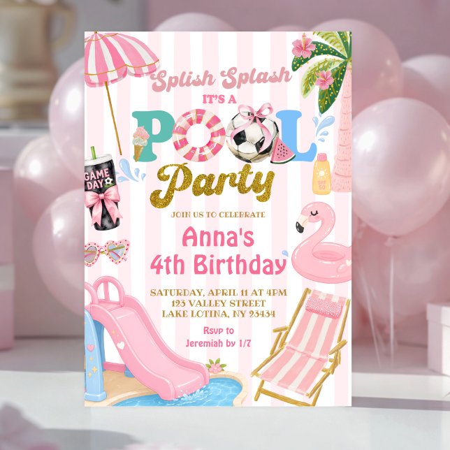 Rosa randig fotboll pool fest flicka födelsedag inbjudningar (Skapare uppladdad)