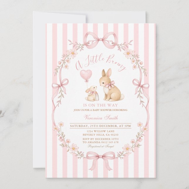 Rosa randig kanin baby shower inbjudningar (Framsida)