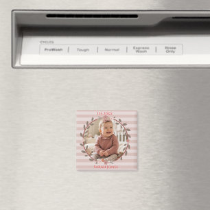 Rosa randig krans babyfoto magnet
