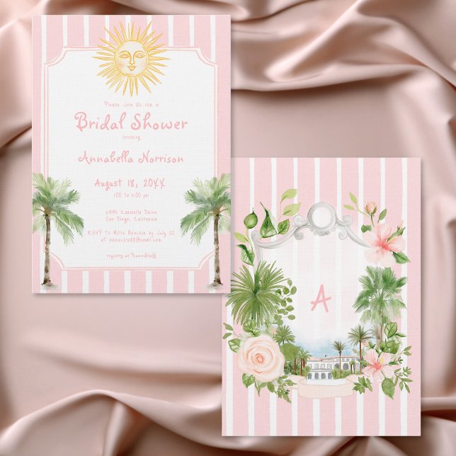 Rosa randig kustsolpalms bröllopsfest inbjudningar (Pink Stripe Coastal Sun Palm Bridal Shower Invitation)