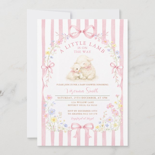 Rosa randig lilla lamm-babyshower blommig inbjudningar (Framsida)