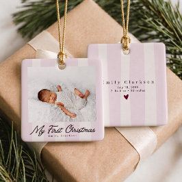 Rosa-randig Min Första Julen Baby Foto Ornament
