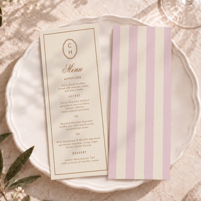 Rosa randig monogram lång bröllopsmeny inbjudningar (Skapare uppladdad)