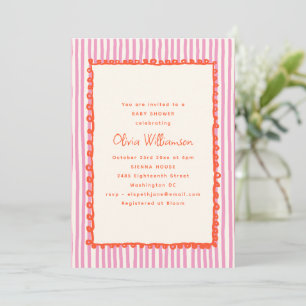 Rosa randig orange vågig klotterkant baby shower inbjudningar