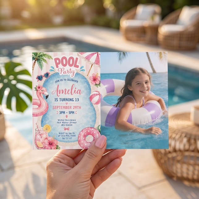 Rosa randig poolparty flicka födelsedagsinbjudan inbjudningar (Skapare uppladdad)