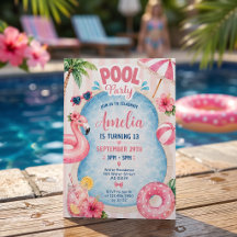 Rosa randig poolparty flicka födelsedagsinbjudan