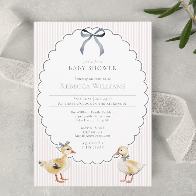 Rosa randig skogsandunge med rosett Baby Shower Inbjudningar (Skapare uppladdad)