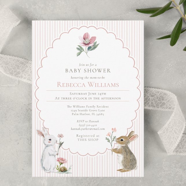 Rosa randig skogskanin flicka baby shower inbjudningar (Skapare uppladdad)