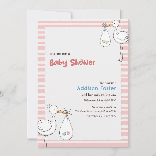 Rosa randig storkflicka - Baby Shower Inbjudningar (Framsida)