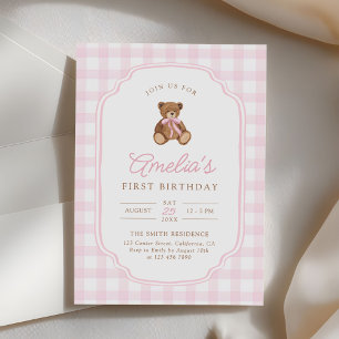 Rosa randig teddybjörn Beary Första födelsedagen Inbjudningar