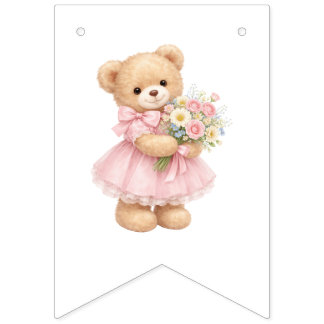 Rosa randig teddybjörn Glad födelsedag Vimplar