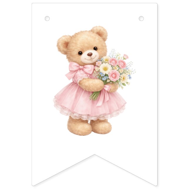 Rosa randig teddybjörn Glad födelsedag Vimplar (Första flaggan)